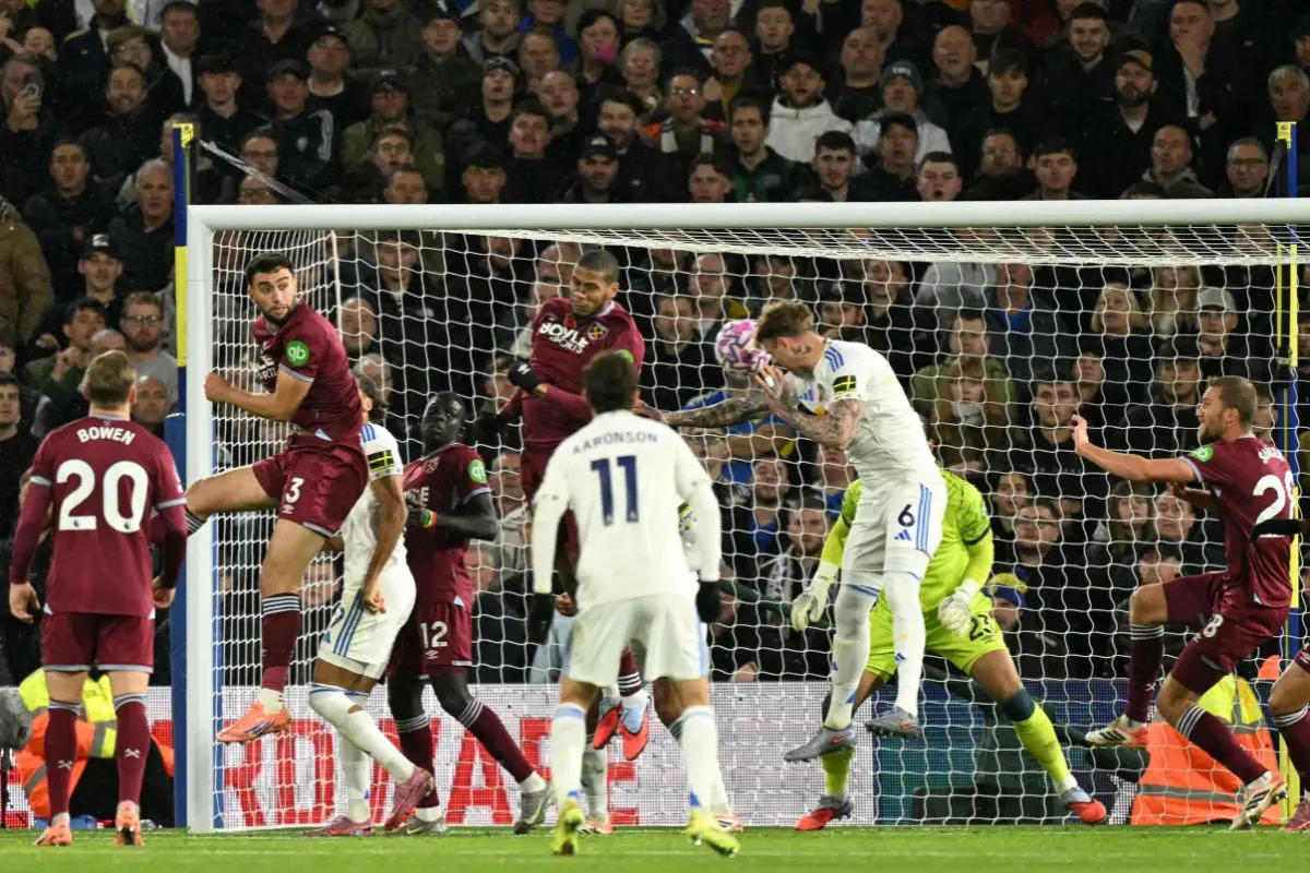 Leeds United's Welsh defender #06 Joe Rodon heads the ball to score their second goal from a corner for 2-0 during the English Premier League football match between Leeds United and West Ham United  | Photo: AFP