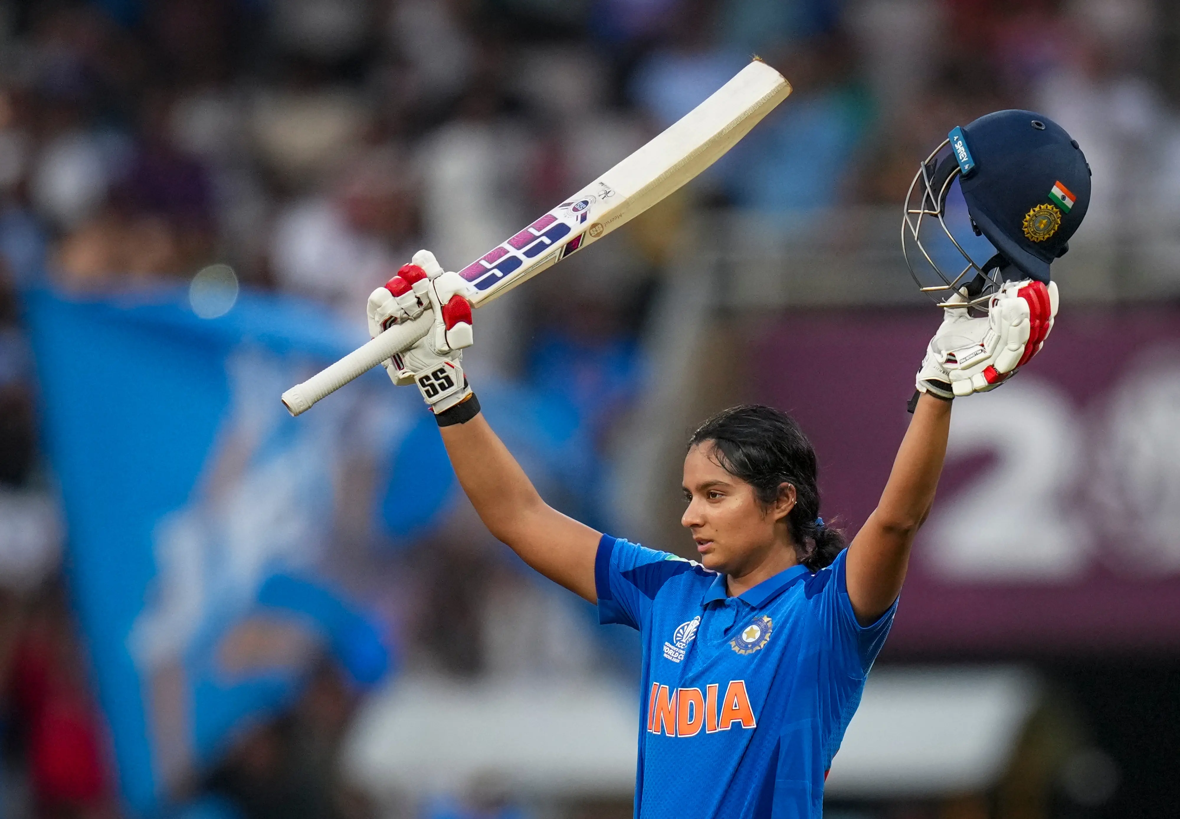 India's Pratika Rawal celebrates after scoring a century (100 runs) during the ICC Women's Cricket World Cup 2025 one-day international (ODI) match between India and New Zealand at the DY Patil Stadium in Navi Mumbai. | Photo: AFP