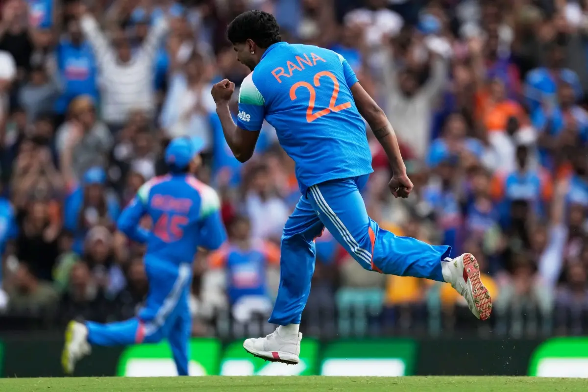 India's Harshit Rana celebrates after taking the wicket of Australia's Mitch Owen during their One Day International cricket match in Sydney. | Photo: AP