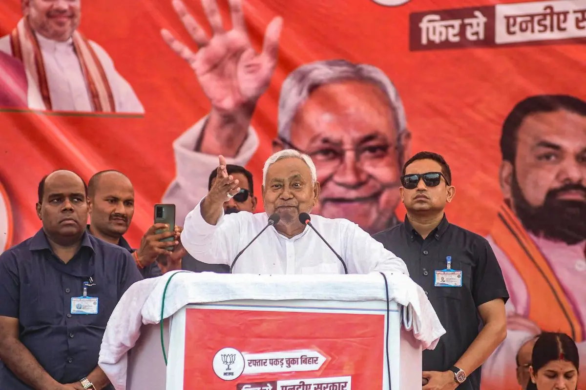 Bihar Chief Minister Nitish Kumar addresses a public meeting ahead of the state Assembly elections, at Danapur in Patna district, Bihar, Friday, Oct. 24, 2025. (Photo: PTI)