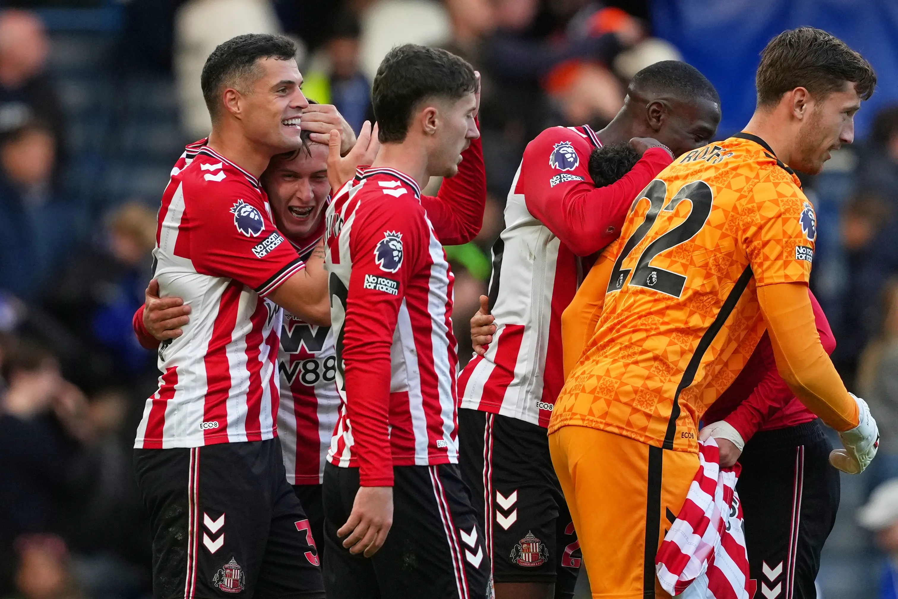 Sunderland's team captain Granit Xhaka, left, celebrates with his teammates at the end of the English Premier League match | AP