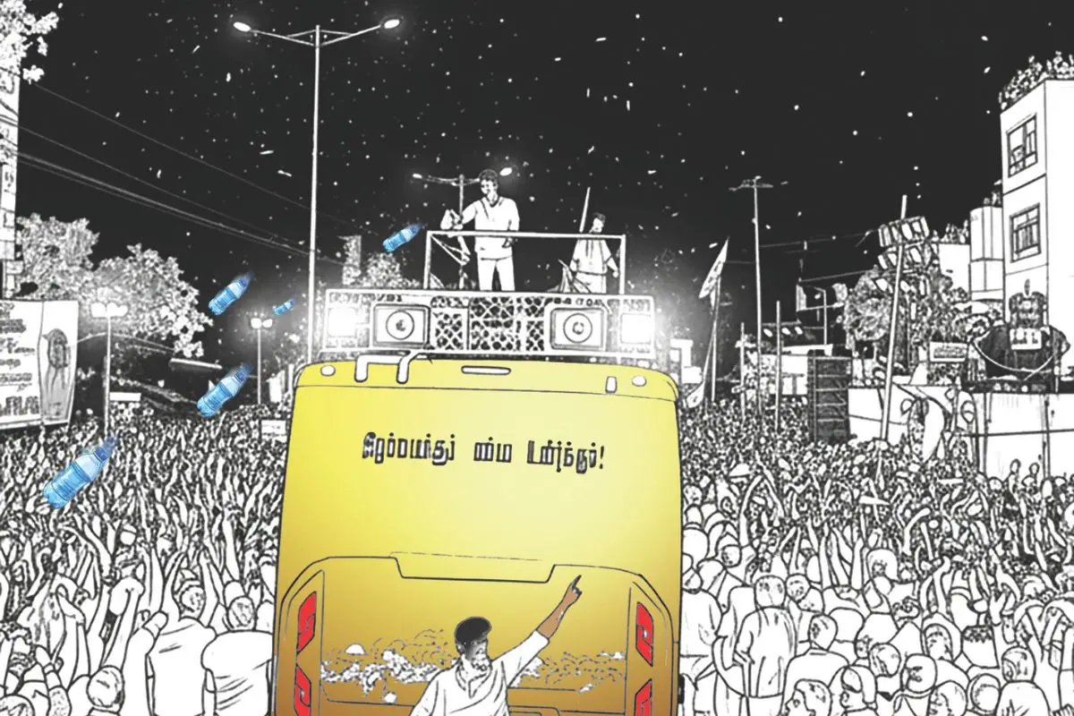 Tamilaga Vettri Kazhagam ( TVK ) leader Vijay 's political rally at Karur, Tamil Nadu (Illustration credits: Vijesh Viswam, Mathrubhumi)