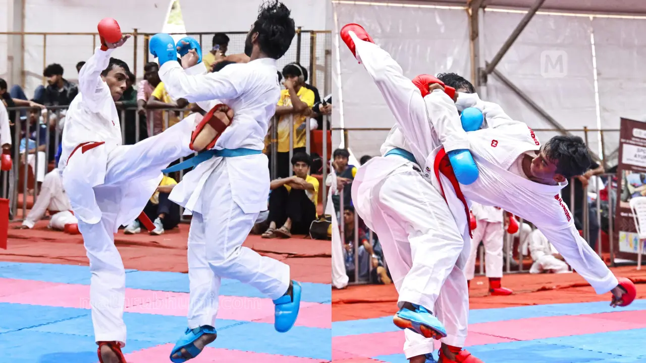 സംസ്ഥാന സ്കൂൾ കായിക മേളയിലെ കരാട്ടെ മത്സരം| ഫോട്ടോ: ലതീഷ് പൂവത്തൂർ