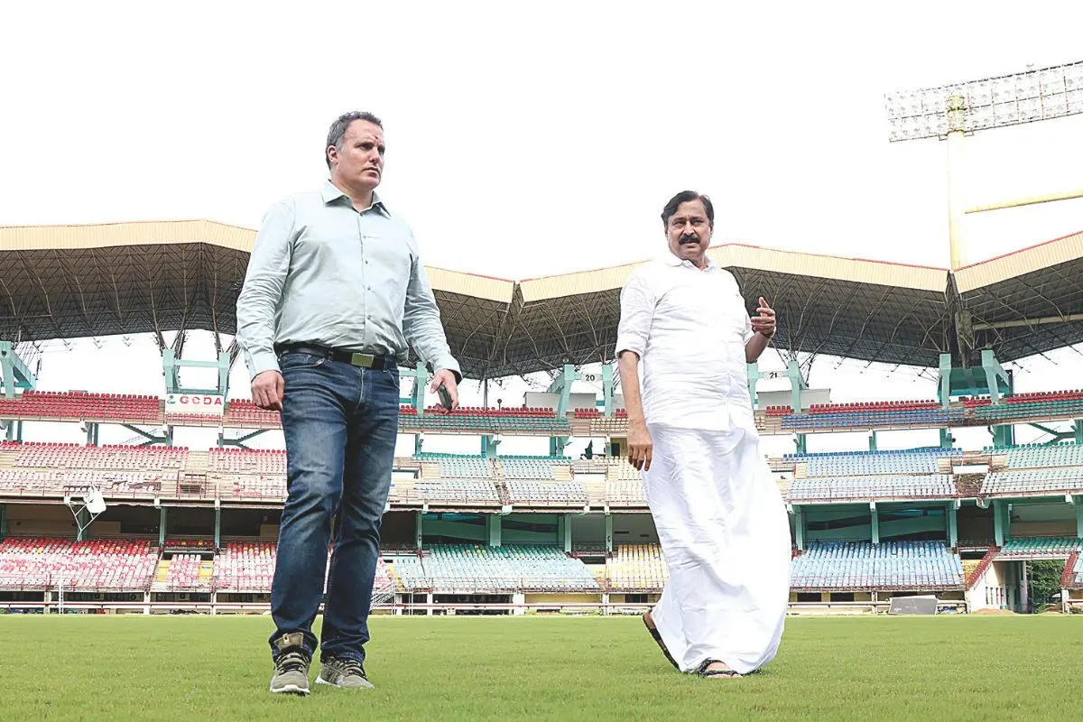 File Photo: Hector Daniel Cabrera, International Manager of the Argentina Football Association, and sports official V Abdurahman conducting an inspection at the Kochi stadium | Mathrubhumi | Sinoj MV