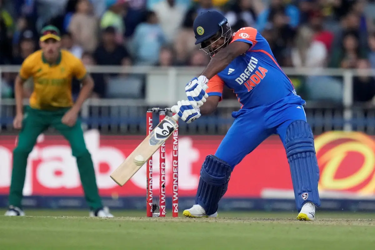 Sanju Samson plays a shot during the fourth T20 cricket match between South Africa and India at the Wanderers Stadium in Johannesburg, South Africa. | Photo: AP