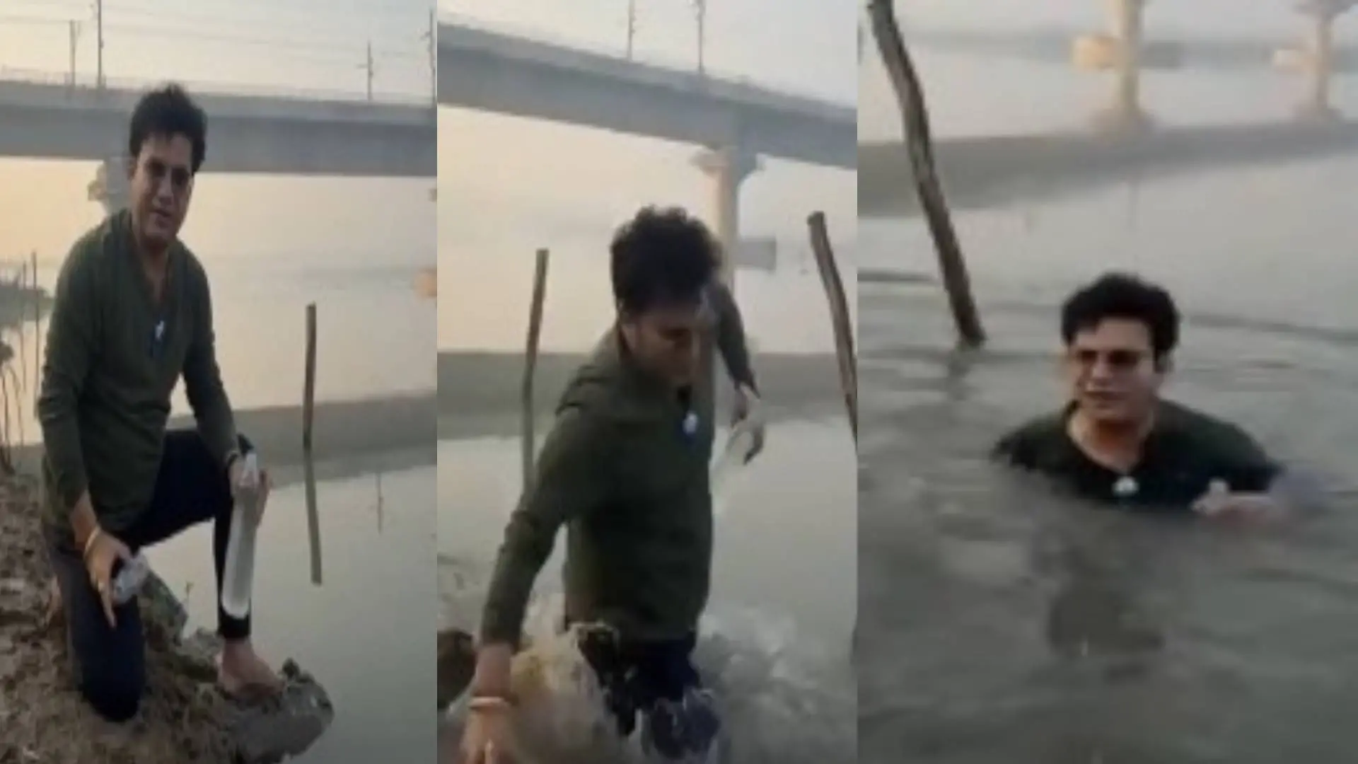 എംഎൽഎ നദിയിൽ വീഴുന്നതിന്റെ ദൃശ്യങ്ങളിൽനിന്ന് | Image courtesy: Video shared by https://x.com/Sanjeev_aap
