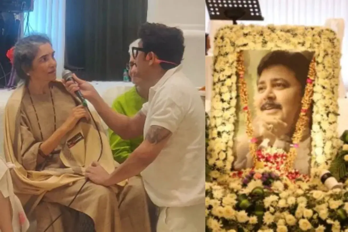 അനുശോചനയോഗത്തിൽ സതീഷ് ഷായുടെ പ്രിയഗാനം ആലപിക്കുന്ന ഭാര്യ മധു ഷാ. സോനു നിഗമാണ് മൈക്ക് പിടിച്ചു നൽകുന്നത്. സതീഷ് ഷായുടെ ചിത്രം | Photos: Screen grabs from instagram.com/aanjjan.srivastav