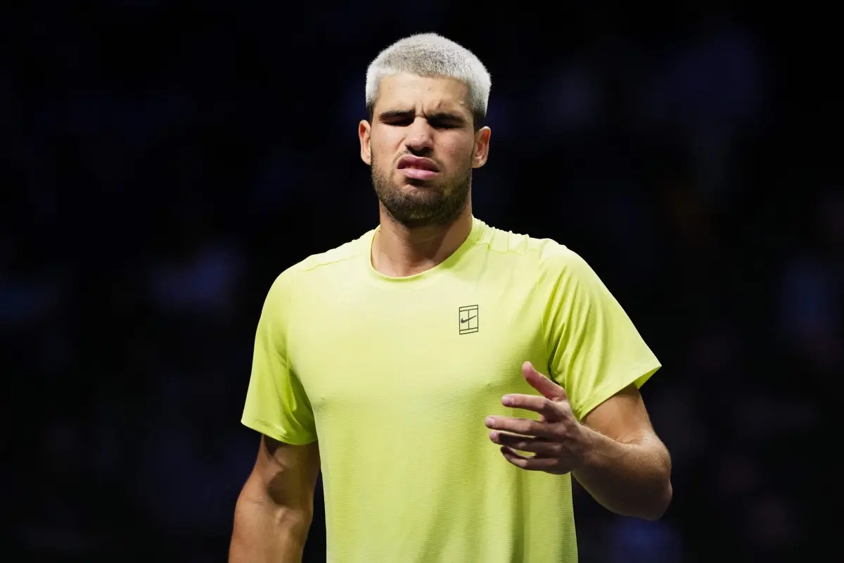 Spain's Carlos Alcaraz reacts as he plays against Britain's Cameron Norrie during their men's singles match on day two of the Paris ATP Masters 1000 tennis tournament at the Paris La Défense Arena in Nanterre, on the outskirts of Paris. | Photo: AFP