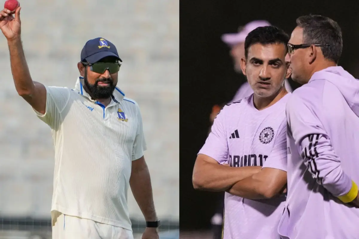 From (L) Mohammed Shami celebrates fifer; Gautam Gambhir and Ajit Agarkar. | Photos: Agencies