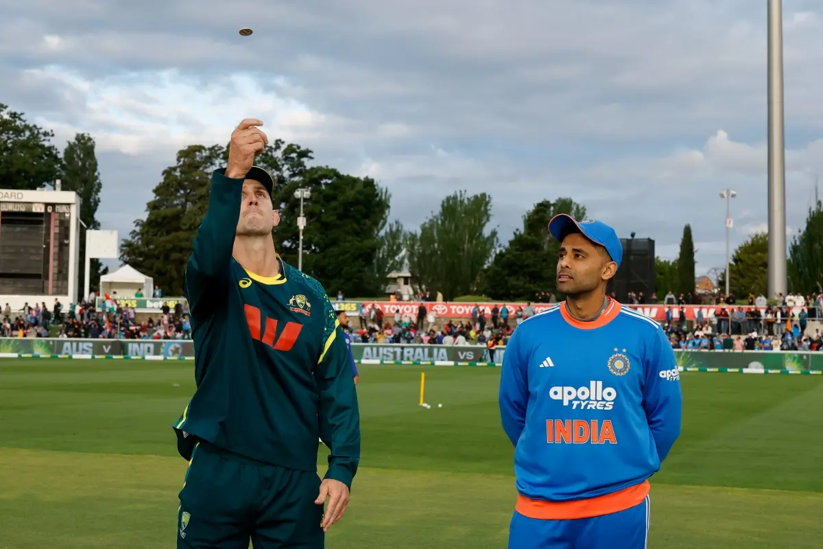IND vs AUS, 1st T20I: MitcheLl Marsh spins the coin. | Photo: BCCI