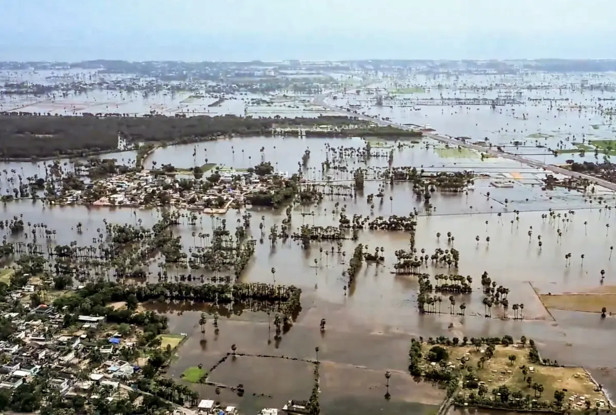 A view of an area affected by Cyclone Montha | Screengrab: PTI