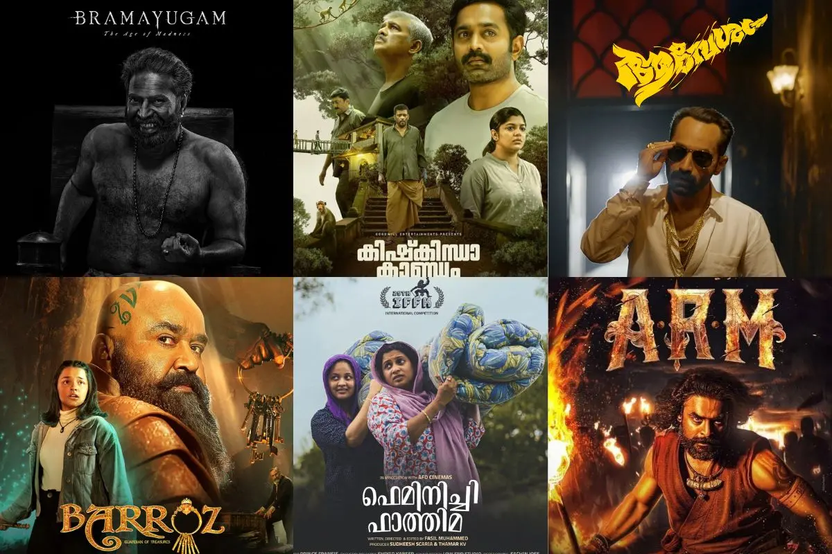(Clockwise from top left) Promotional posters for Bramayugam, Kishkindha Kaandam, Aavesham, A.R.M., Feminichi Fathima, and Barroz | Photo: IMDb, X