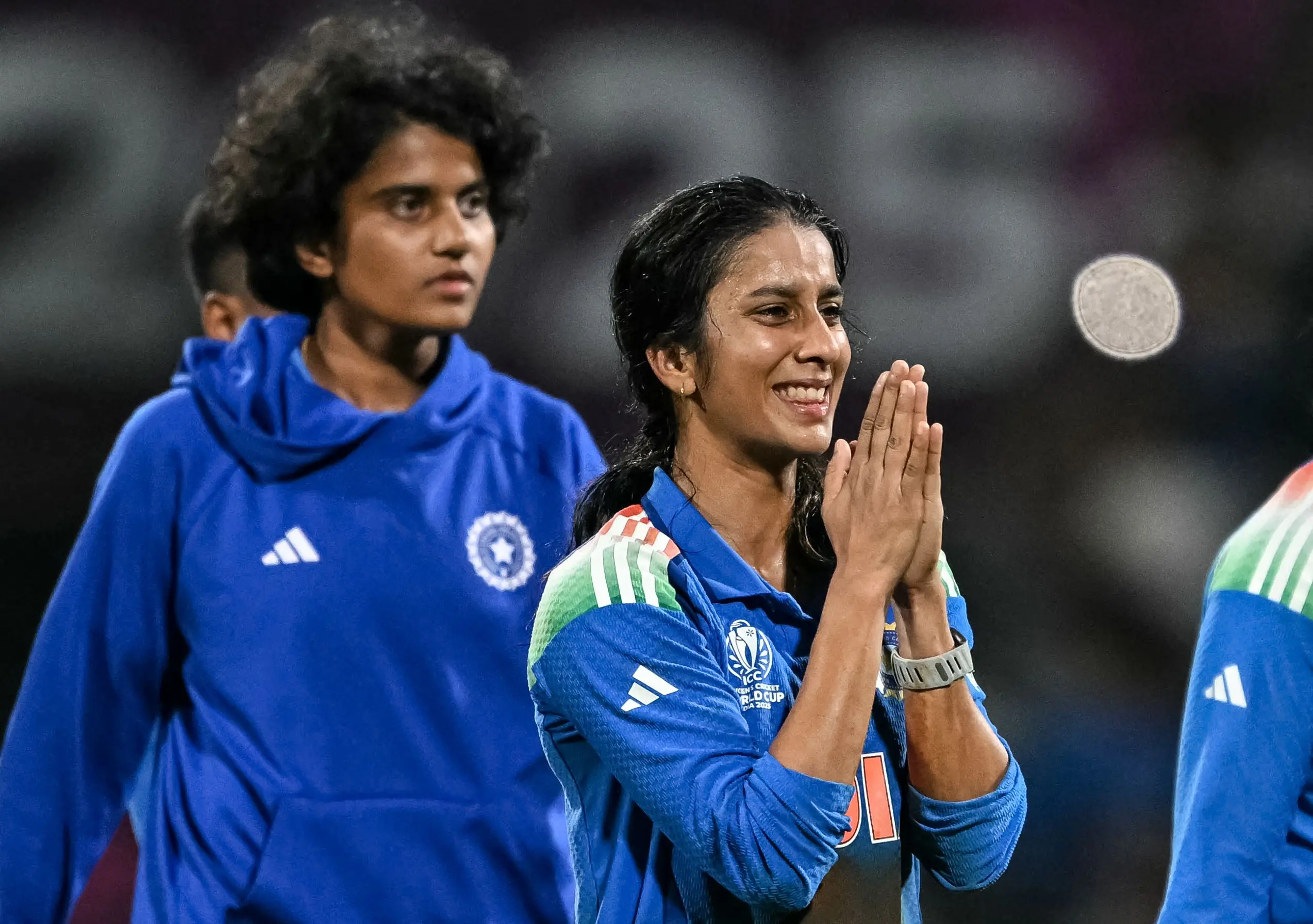 India's Jemimah Rodrigues (R) gestures as she celebrates the team's win at the end of the ICC Women's Cricket World Cup 2025 one-day international (ODI) semi-final match between India and Australia at the DY Patil Stadium in Navi Mumbai. | Photo: AFP
