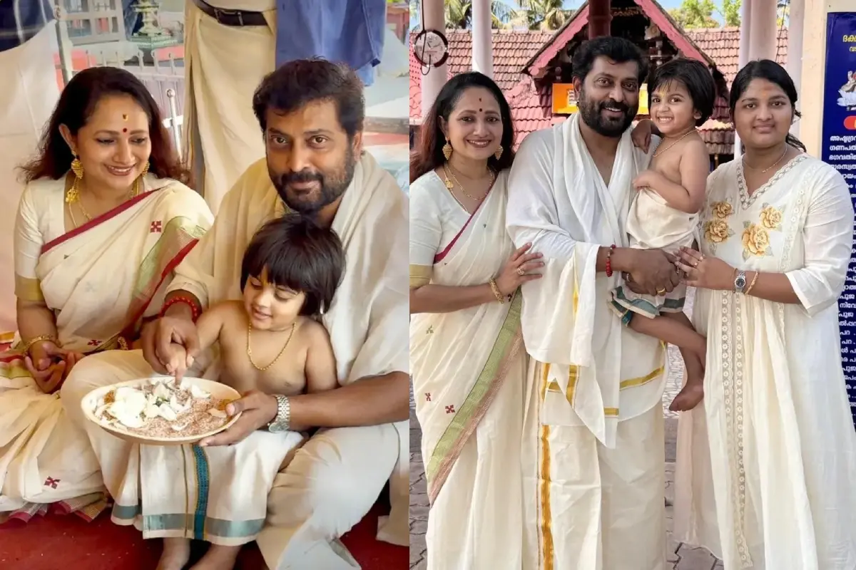 നരേന്റെ മകൻ വിദ്യാരംഭം കുറിക്കുന്നു/ ഭാര്യക്കും മക്കൾക്കുമൊപ്പം നരേൻ | Photo: instagram/ narain