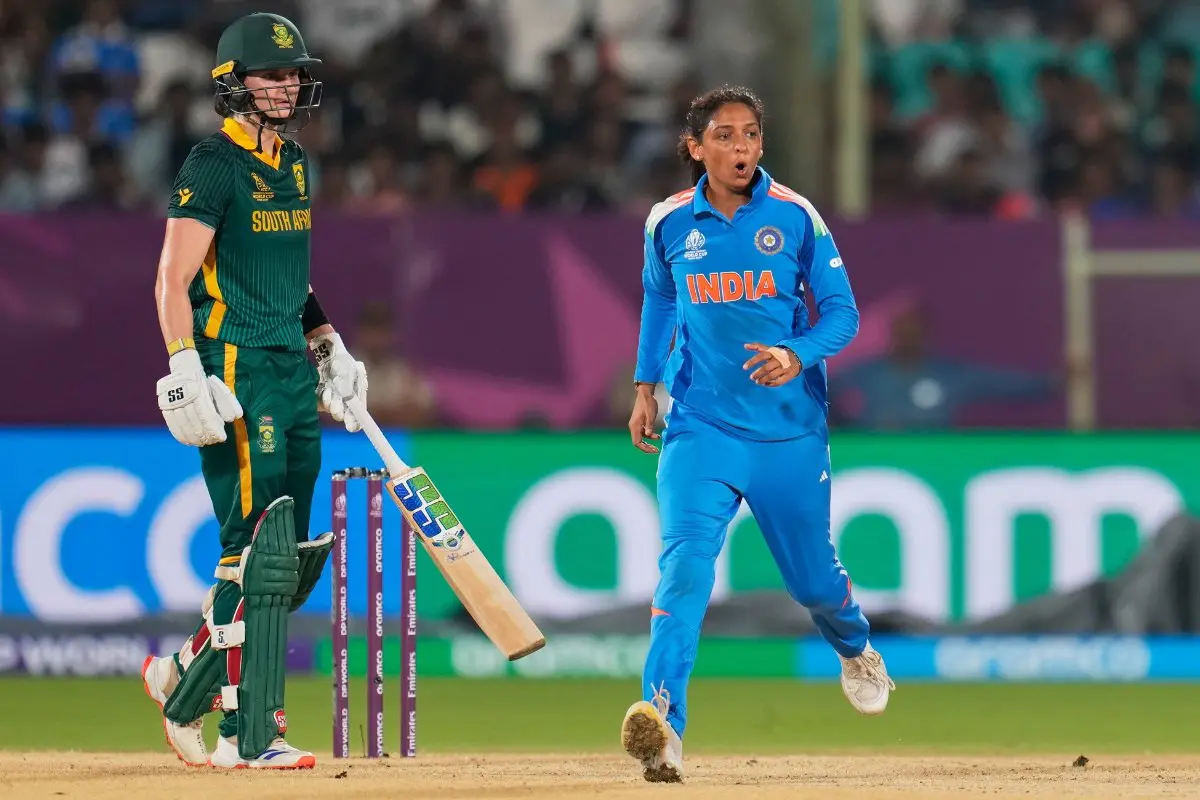 India's captain Harmanpreet Kaur, right, reacts after bowling a delivery during the ICC Women's Cricket World Cup match between India and South Africa | File photo: AP