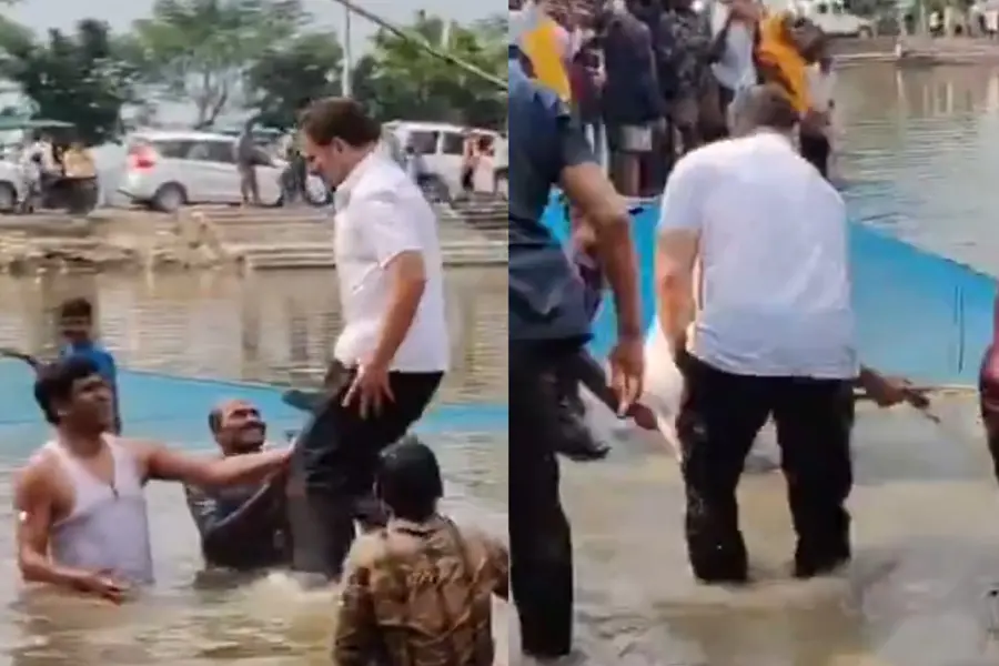 A Screengrab of the video showing Rahul Gandhi taking part in the traditional fishing in Bihar during election campaign rally | ANI