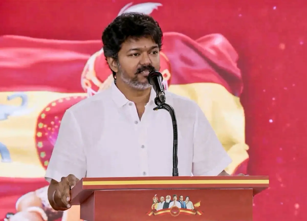 TVK President Vijay addresses the gathering during the launch of My TVK App | Photo: PTI