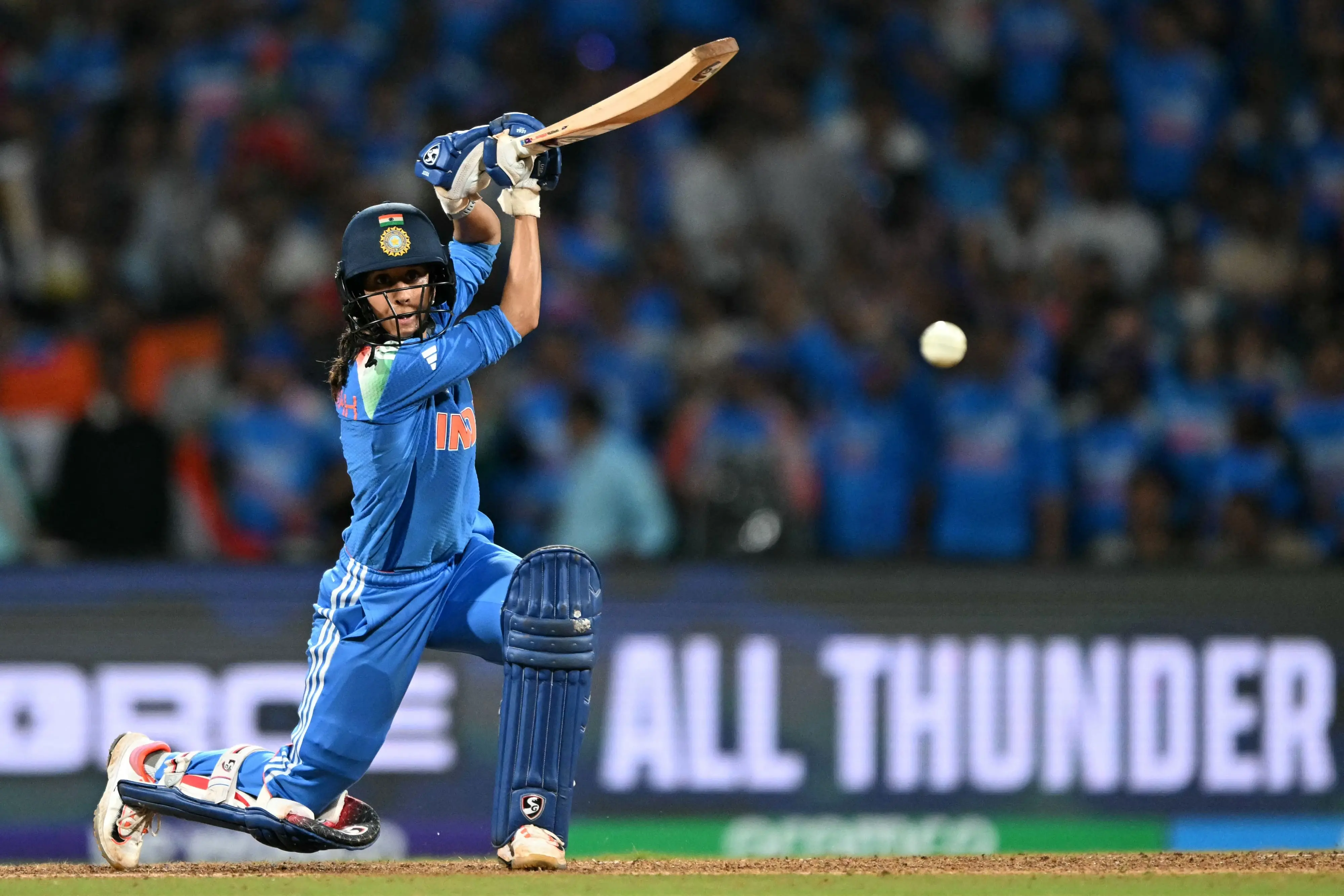India's Jemimah Rodrigues plays a shot during the ICC Women's Cricket World Cup 2025 one-day international (ODI) final match between India and South Africa at the DY Patil Stadium in Navi Mumbai. | Photo: AFP
