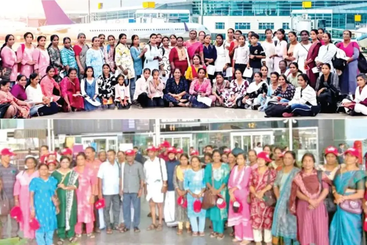 1. A picture taken by Haritha Karmasena members from Kanhangad at TVM airport. 2. Members of the Kairali Grandhalayam Thadiyankovval Senior Citizens' Club during their trip to Bengaluru.