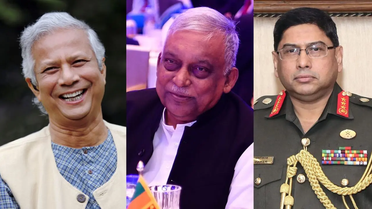 മുഹമ്മദ് യൂനുസ് | Photo: PTI | അസദുസ്സമാൻ ഖാൻ കമാല് | Photo: CC BY 4.0 commons.wikimedia.org | വാക്കര് ഉസ് സമാൻ | Photo: PTI