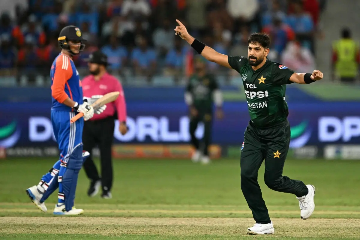 Pakistan's Haris Rauf (R) celebrates after taking the wicket of India's captain Suryakumar Yadav during the Asia Cup 2025 Super Four Twenty20 international cricket match between India and Pakistan at the Dubai International Stadium in Dubai. | File Photo: PTI