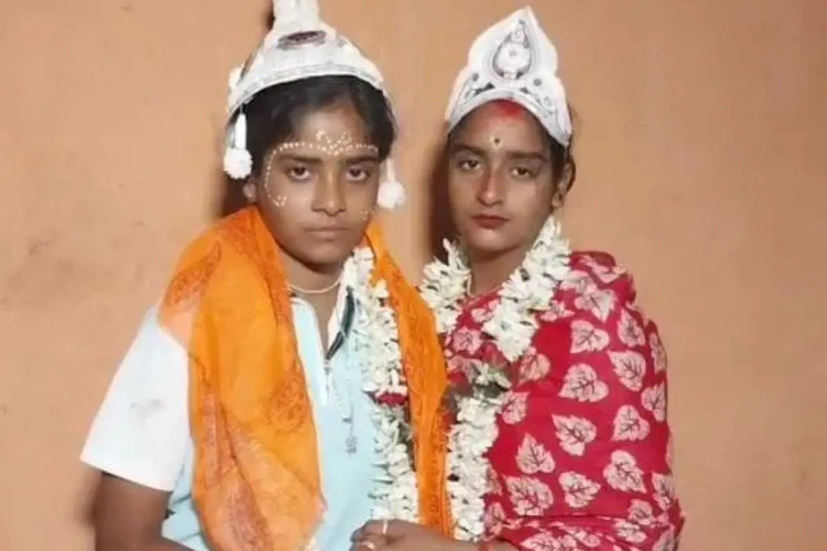 Newlyweds Riya Sardar (Left) and Rakhi Naskar, both dancers from the Sundarbans, share a smile after their temple wedding - a quiet yet powerful celebration of love and courage. Photo: CSR Journal