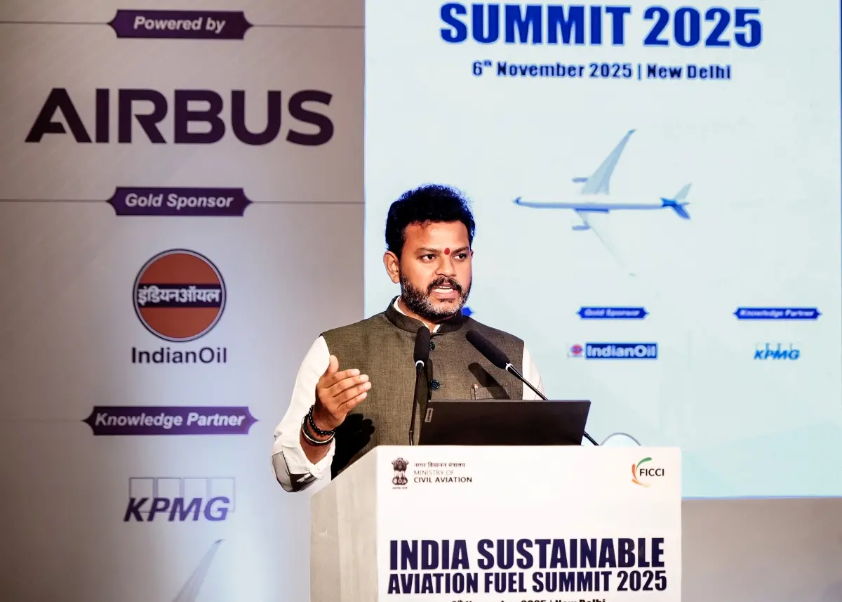 Union Minister of Civil Aviation Ram Mohan Naidu Kinjarapu addresses the India Sustainable Aviation Fuel Summit 2025 | Photo: ANI