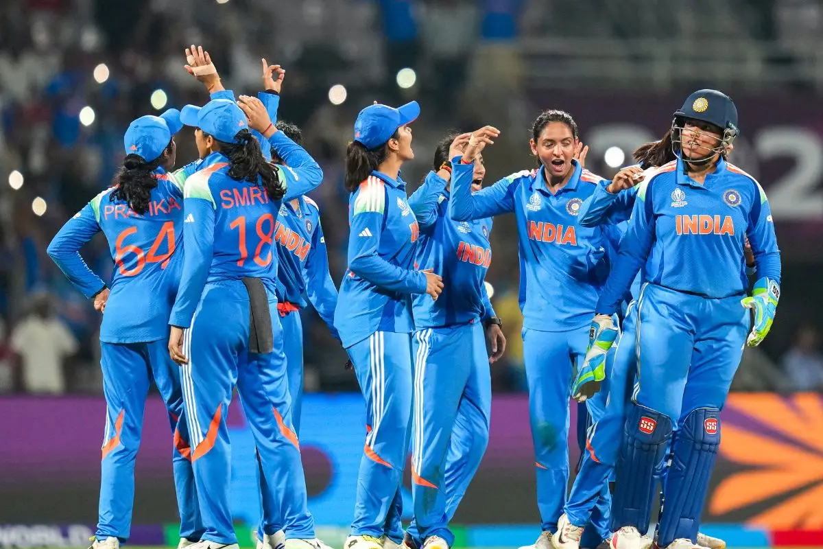 India's players celebrate the wicket of New Zealand's Amelia Kerr during an ICC Women's World Cup ODI cricket match (Photo: PTI)