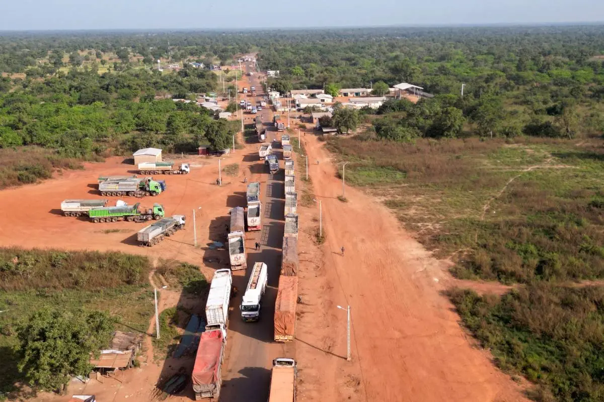 This aerial view shows Malian trucks waiting to cross the border between Ivory Coast and Mali in the village of Nigoun | File photo: AFP