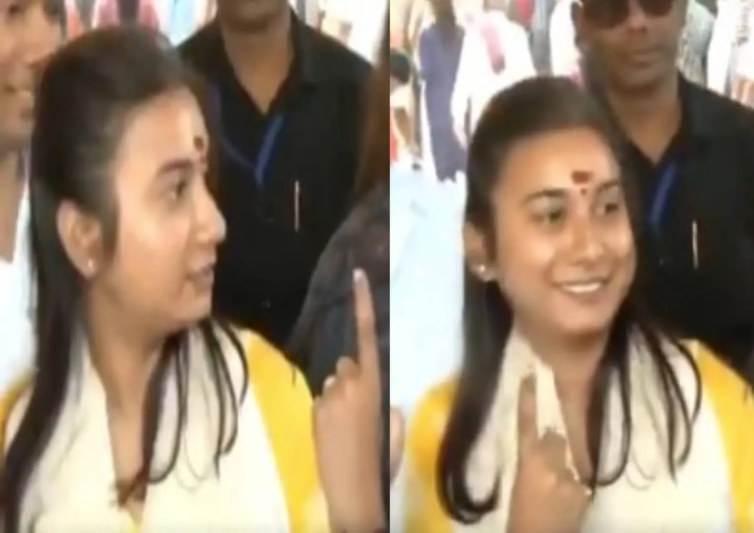 ഇരുകെെകളിലും മഷി പുരണ്ട പാടുകളുമായി ശാംഭവി | Image courtesy: https://x.com/Kanchanyadav000/status/1986703391205302484