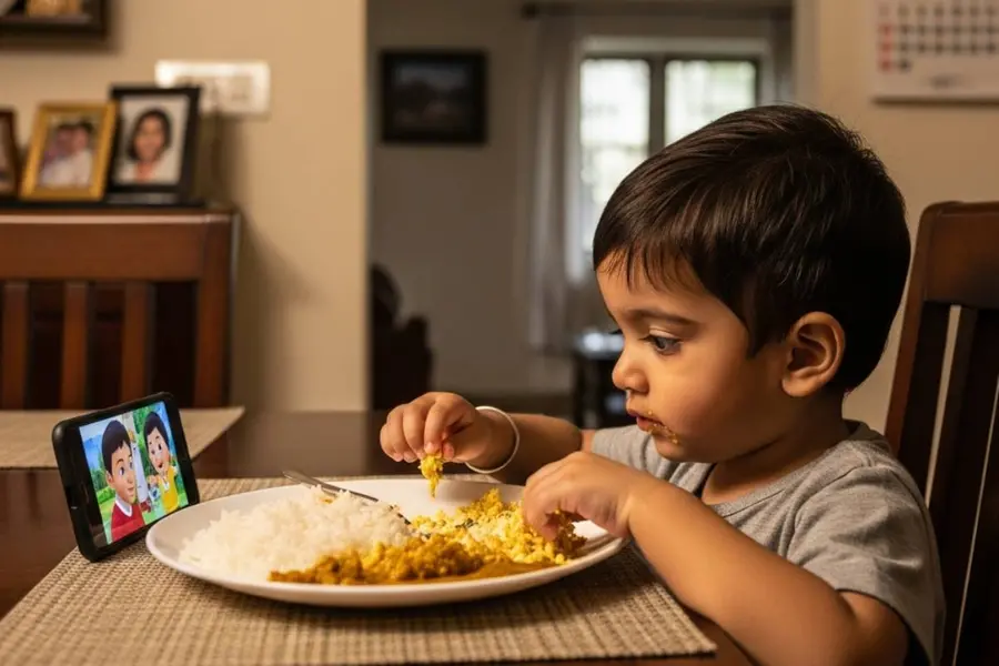 toddler watching mobile while eating
