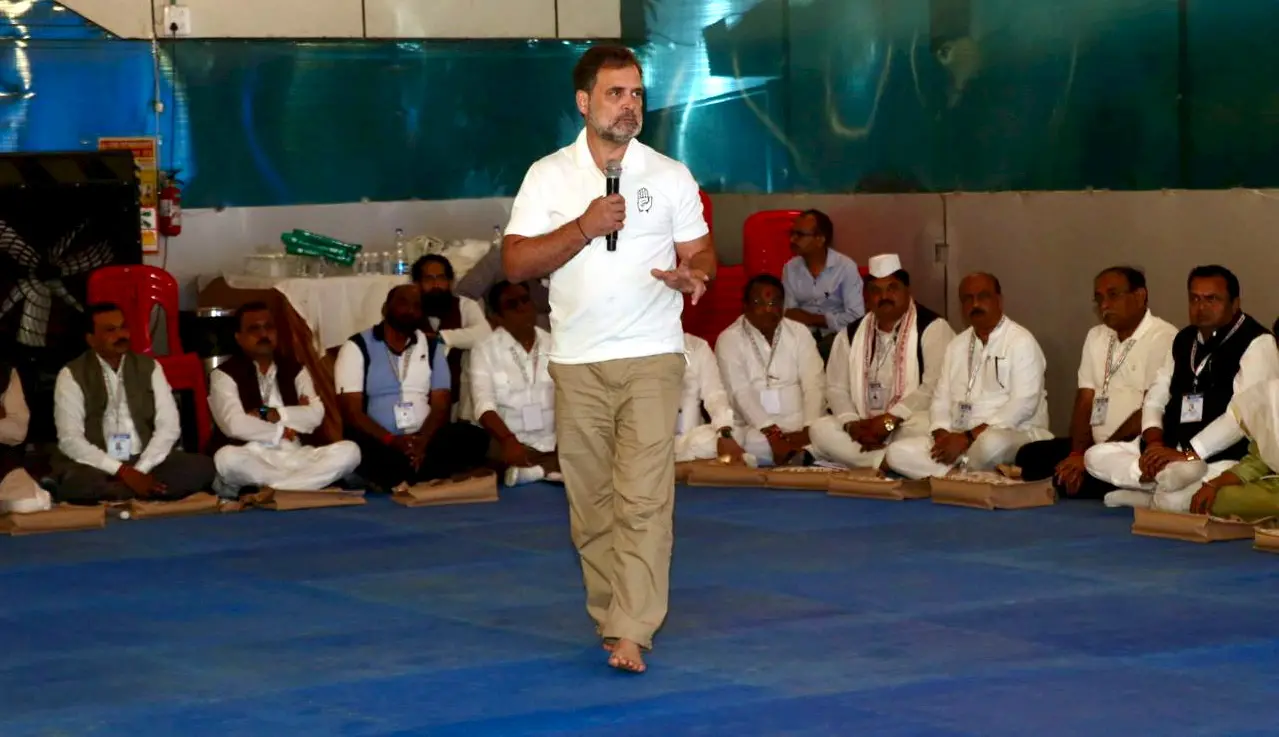LoP in the Lok Sabha and Congress leader Rahul Gandhi addresses a training camp for the party's district presidents under 'Sangathan Srijan Abhiyan', in Madhya Pradesh | Photo: PTI