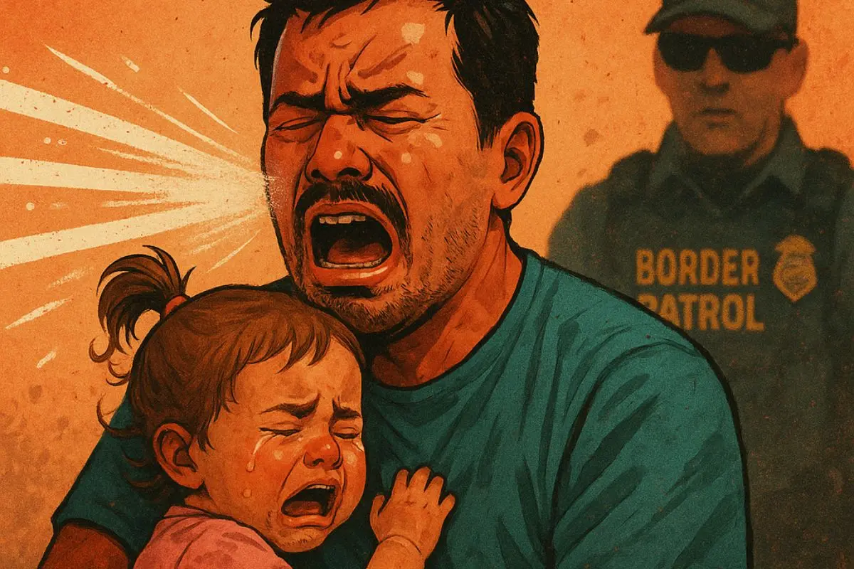 Rafael Veraza shields his one-year-old daughter Arianna as both are struck by pepper spray during a Border Patrol operation in a Chicago parking lot - a harrowing moment that has sparked outrage and demands for accountability. Graphic illustration: Canva
