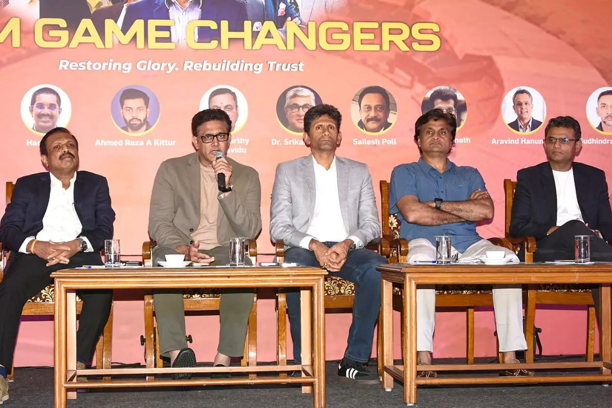 Former Indian cricketers Venkatesh Prasad, Anil Kumble, Javagal Srinath and others during a press conference on the KSCA Elections 2025 in Bengaluru. | Photo: IANS