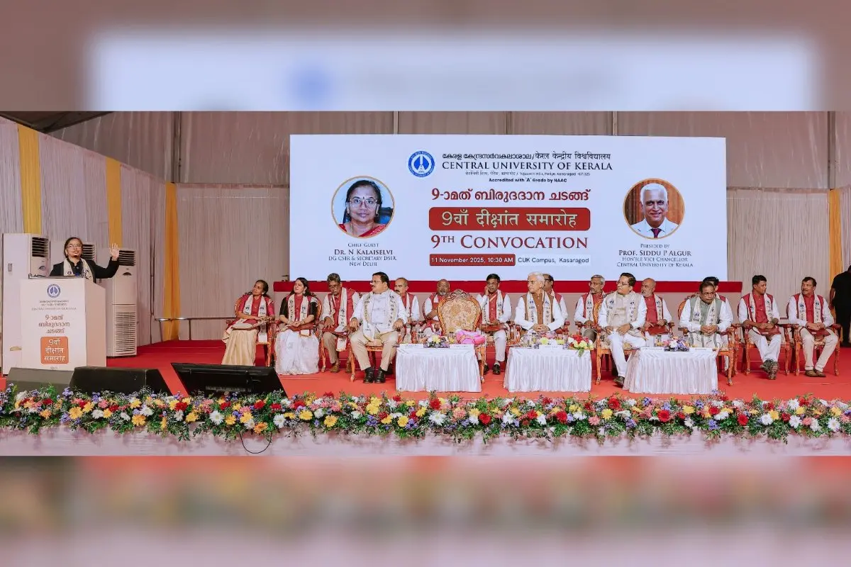 Dr N. Kalaiselvi speaking at the ninth convocation ceremony of the Central University of Kerala