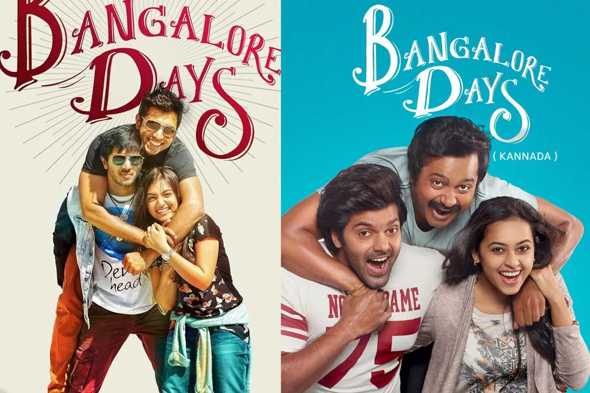Bangalore Days film posters (left:original movie, right:remake)