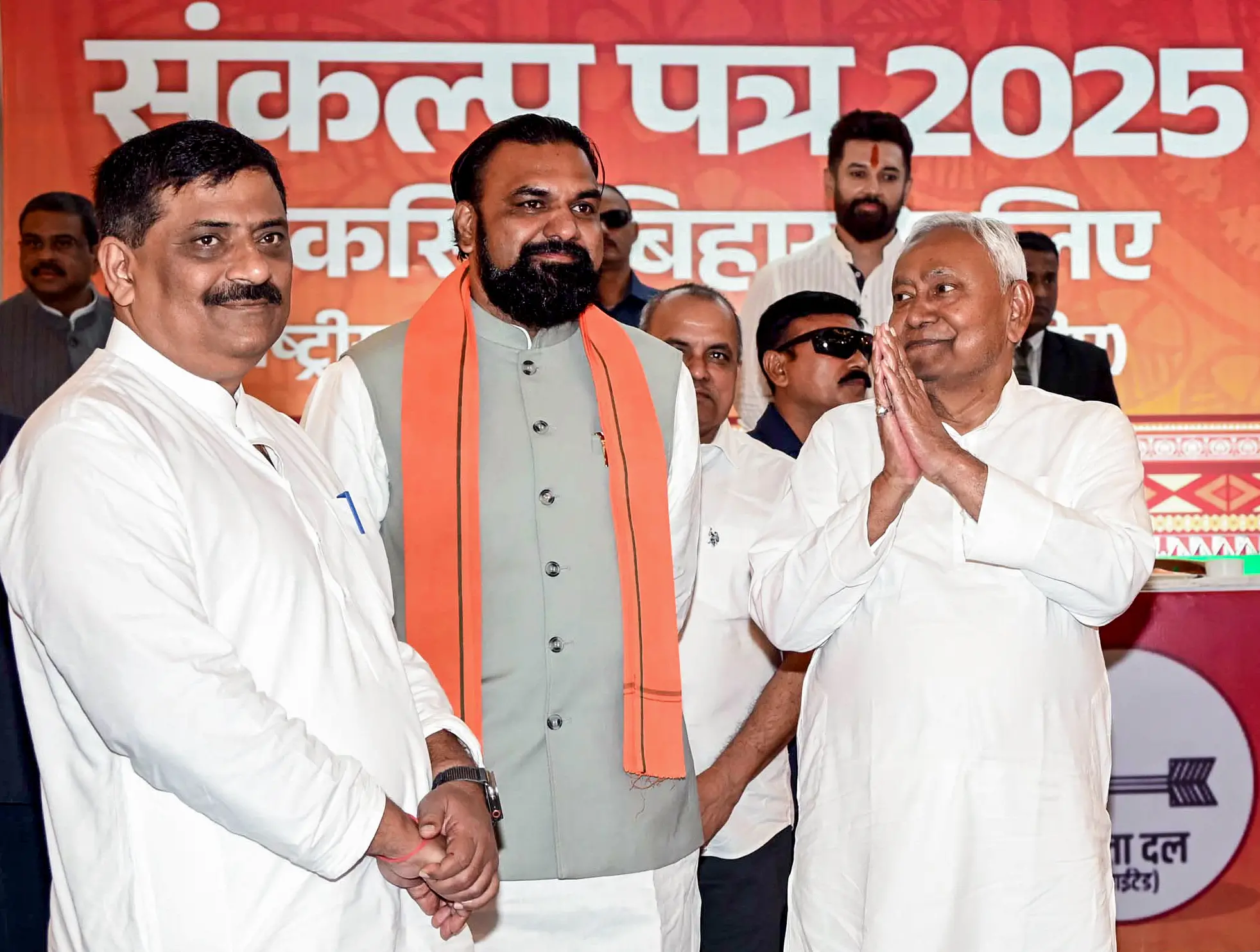 Bihar Chief Minister and JDU National President Nitish Kumar with Deputy CM Samrat Chaudhary during release National Democratic Alliance (NDA) Manifesto for the Bihar Assembly Elections 2025, in Patna. | Photo: ANI