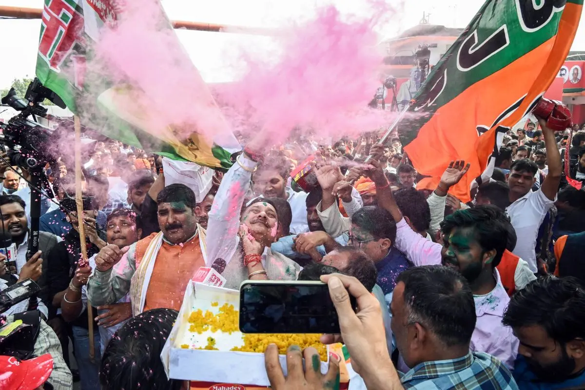 BJP supporters celebrate NDA's lead in the vote counting of the Bihar Assembly election 2025 at the party office, in Patna on Friday (Photo: ANI)
