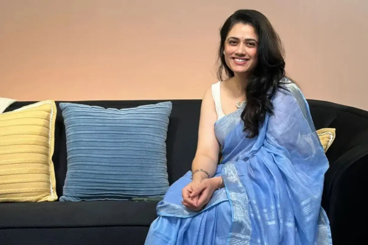 Girija Oak Godbole in her now-viral blue saree look, the image that sparked widespread attention - and prompted her strong stand against AI-morphed content. Photo: Instagram