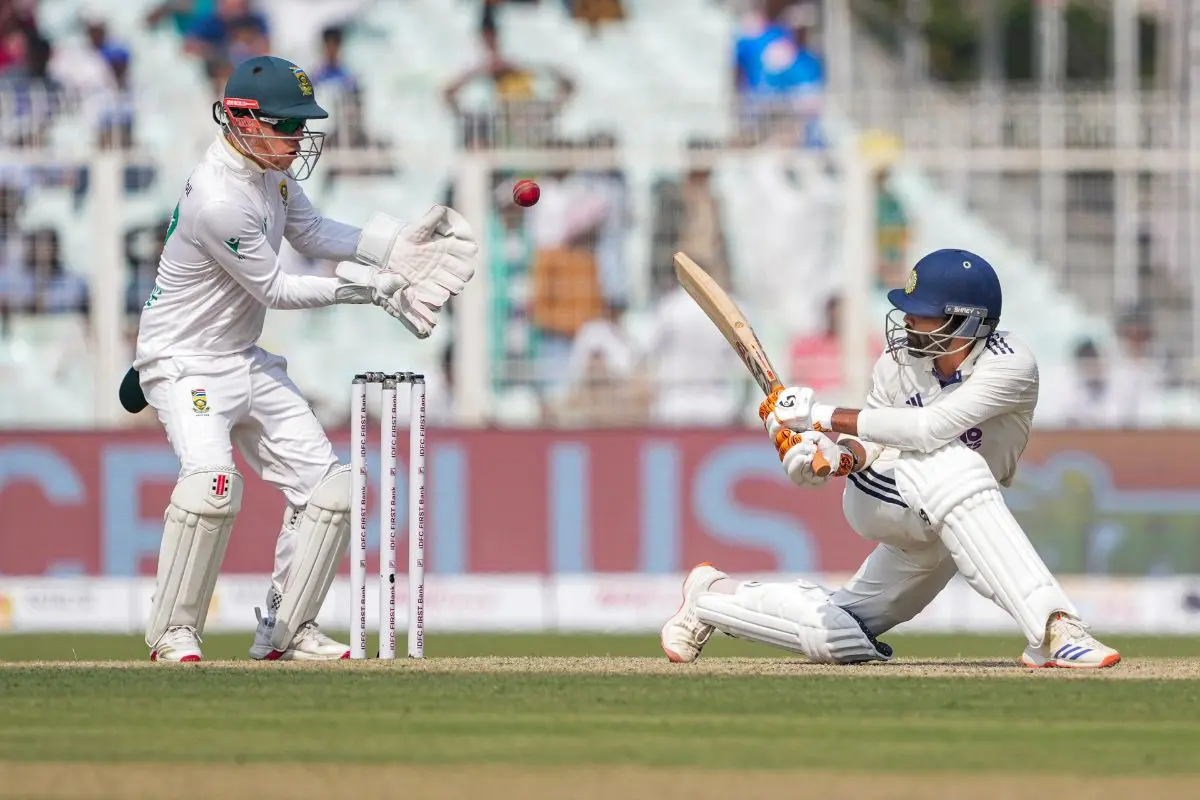 Ravindra Jadeja plays a shot on day two of the first Test cricket match. (PTI Photo/Swapan Mahapatra)