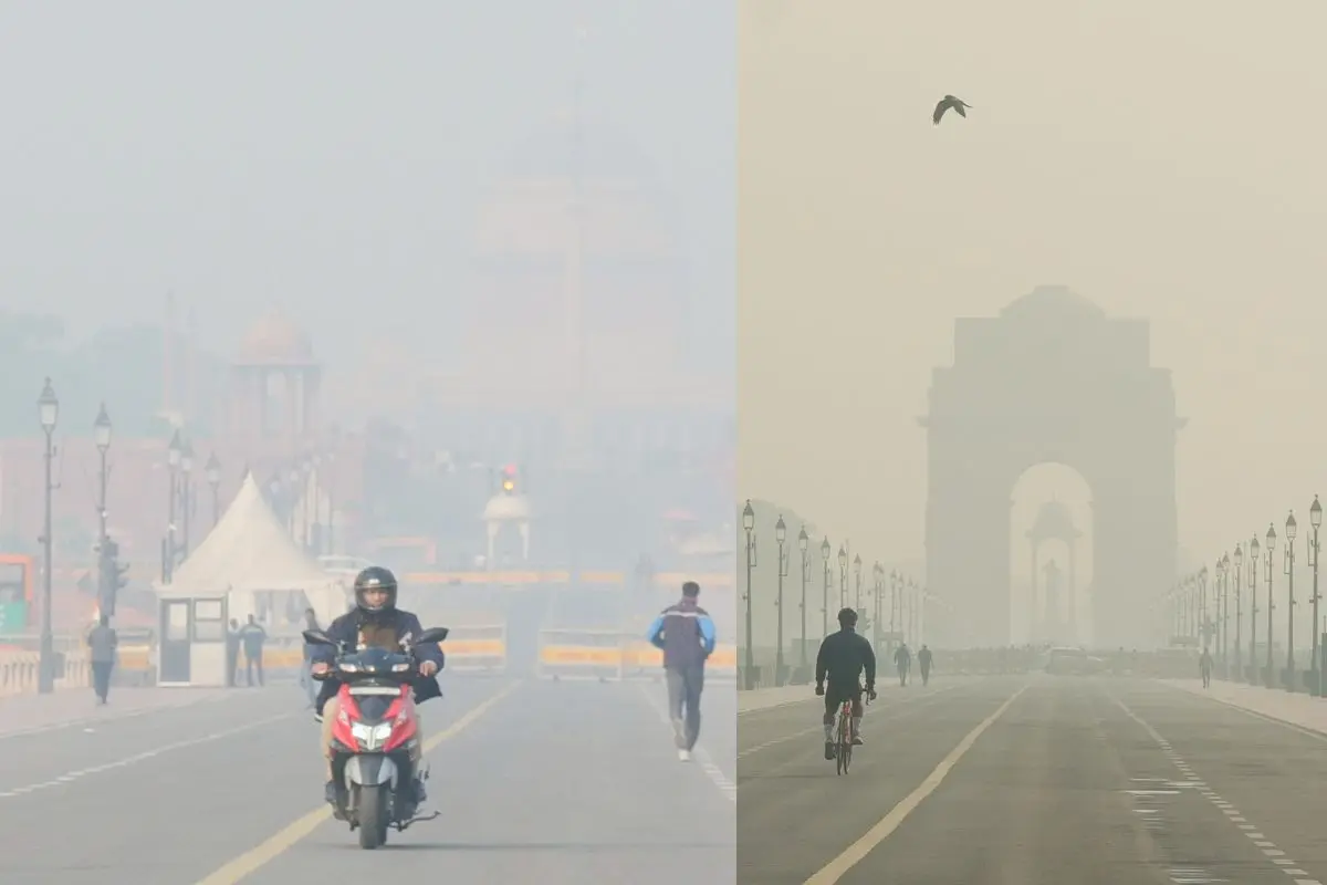 People commuting amid dense smog at Kartavya Path, as the air quality remains poor, in New Delhi | Photo: ANI