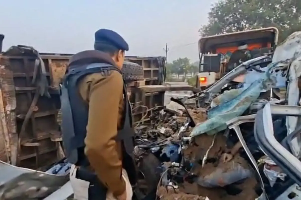 The crumpled remains of the SUV lie wedged into the trolley after the fatal collision that claimed five lives in Gwalior. Photo: PTI
