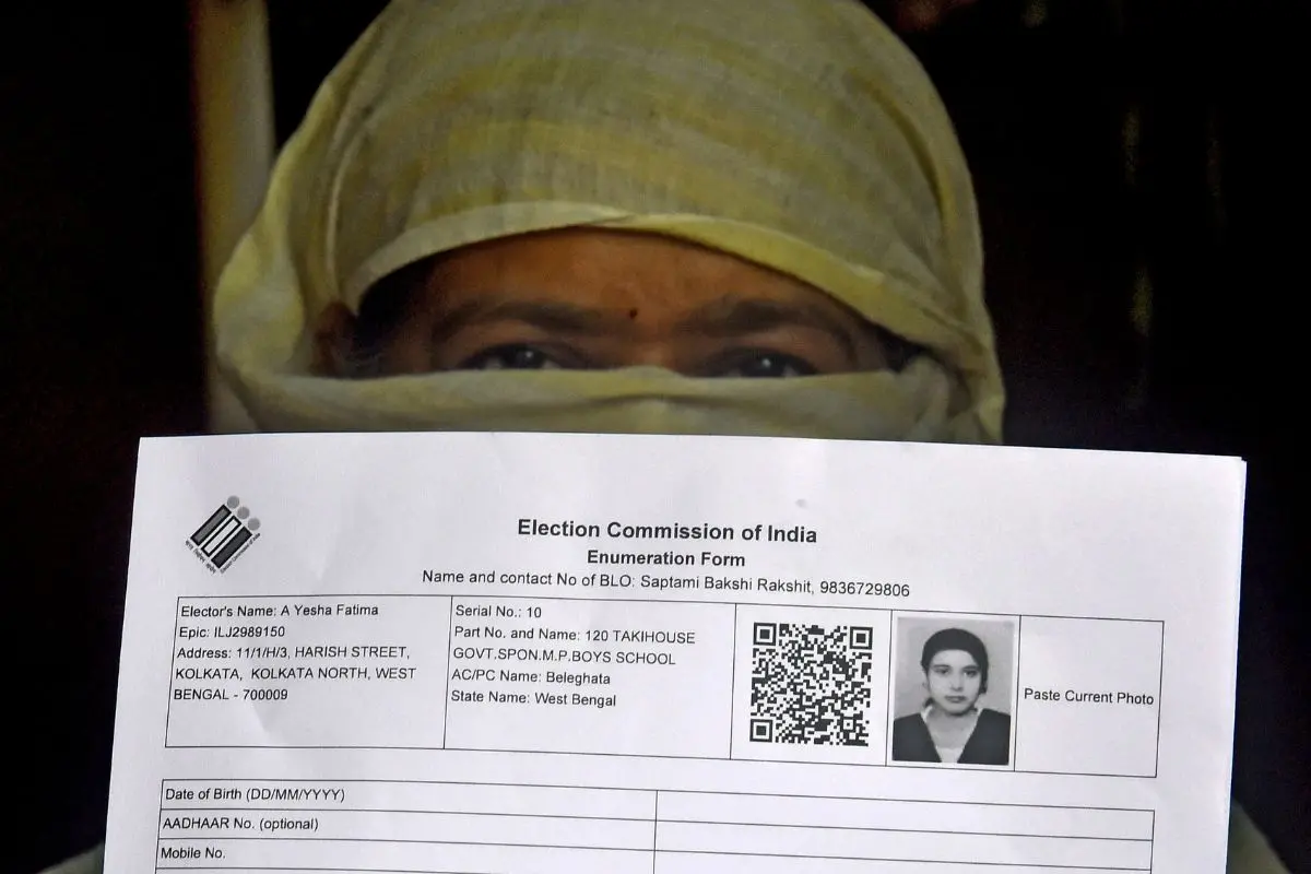 A voter shows an enumeration form given by a BLO as the SIR of electoral rolls begins in West Bengal. (PTI Photo)