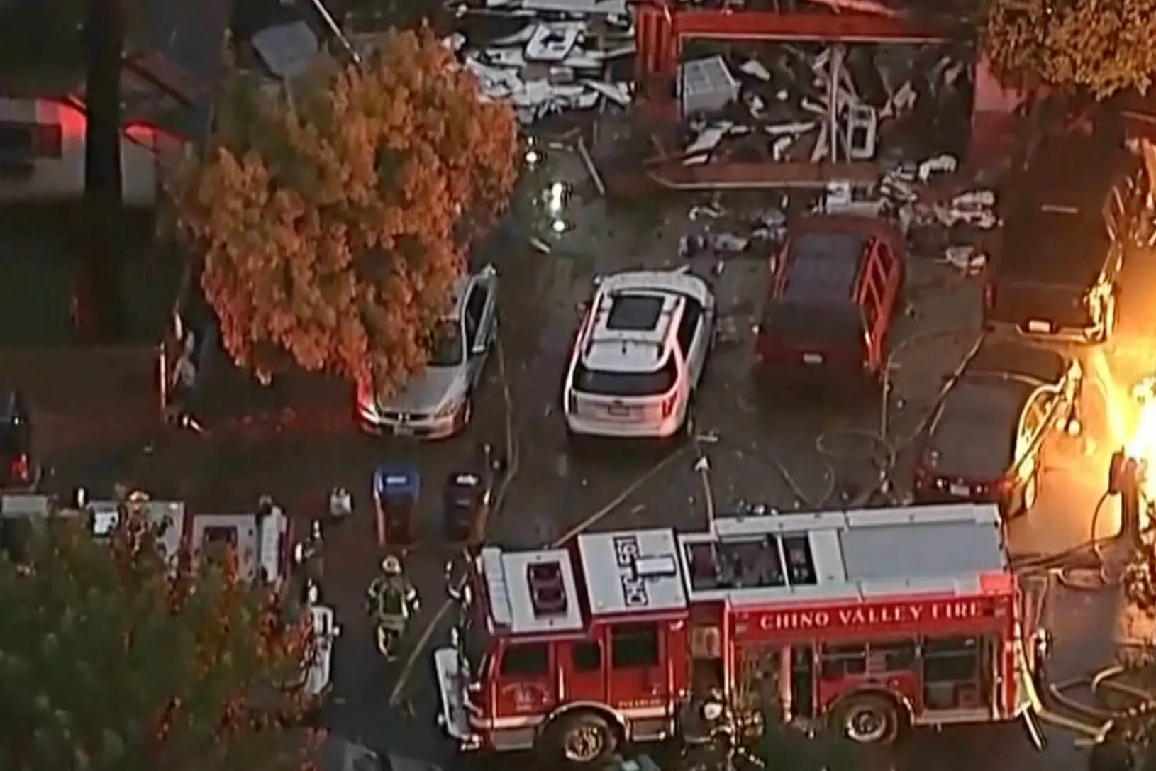 This image taken from video provided by KABC shows damaged homes and vehicles as firefighters work on the scene in Chino Hills in California | Photo: AP