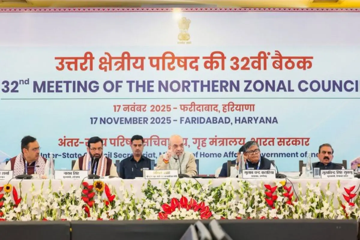 Union Home Minister Amit Shah addresses the 32nd Northern Zonal Council meeting in Haryana, delivering a strong message on the Delhi terror attack investigation. Photo: ANI