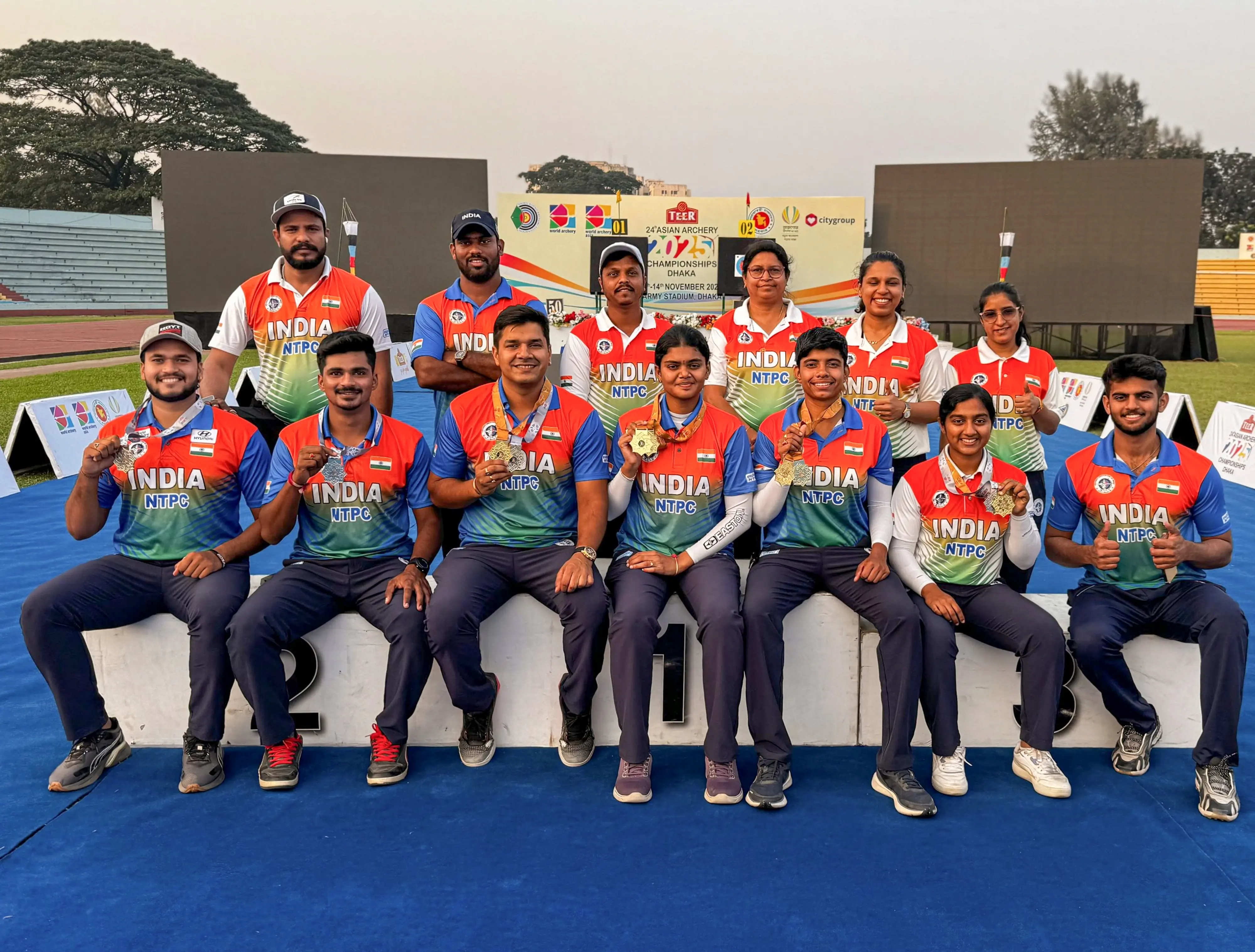 Indian archers pose with their medals at the Asian Archery Championships 2025 in Dhaka, Bangladesh, where they clinched a total of 10 medals, including 6 Golds | Photo: PTI