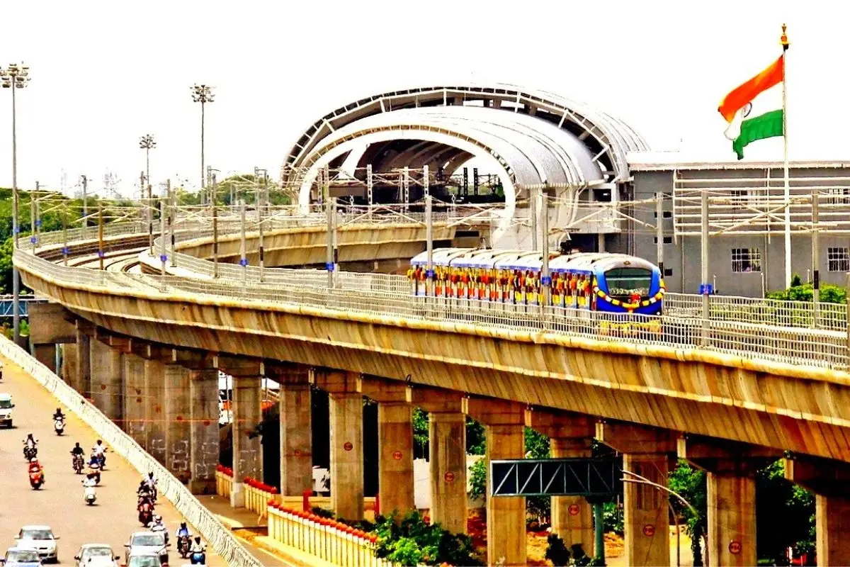 A Chennai Metro train pulls into a station as Tamil Nadu seeks clarity on Metro approvals for other cities. Photo: X