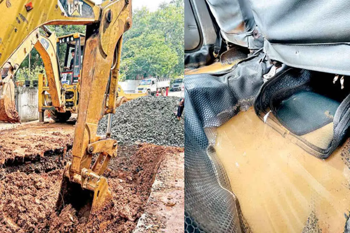 പൊട്ടിയ പൈപ്പ് നന്നാക്കിയശേഷം മണ്ണിട്ട് കുഴിമൂടുന്നു, പൈപ്പ് പൊട്ടി കാറിലടക്കം വെള്ളംകയറിയ നിലയില്