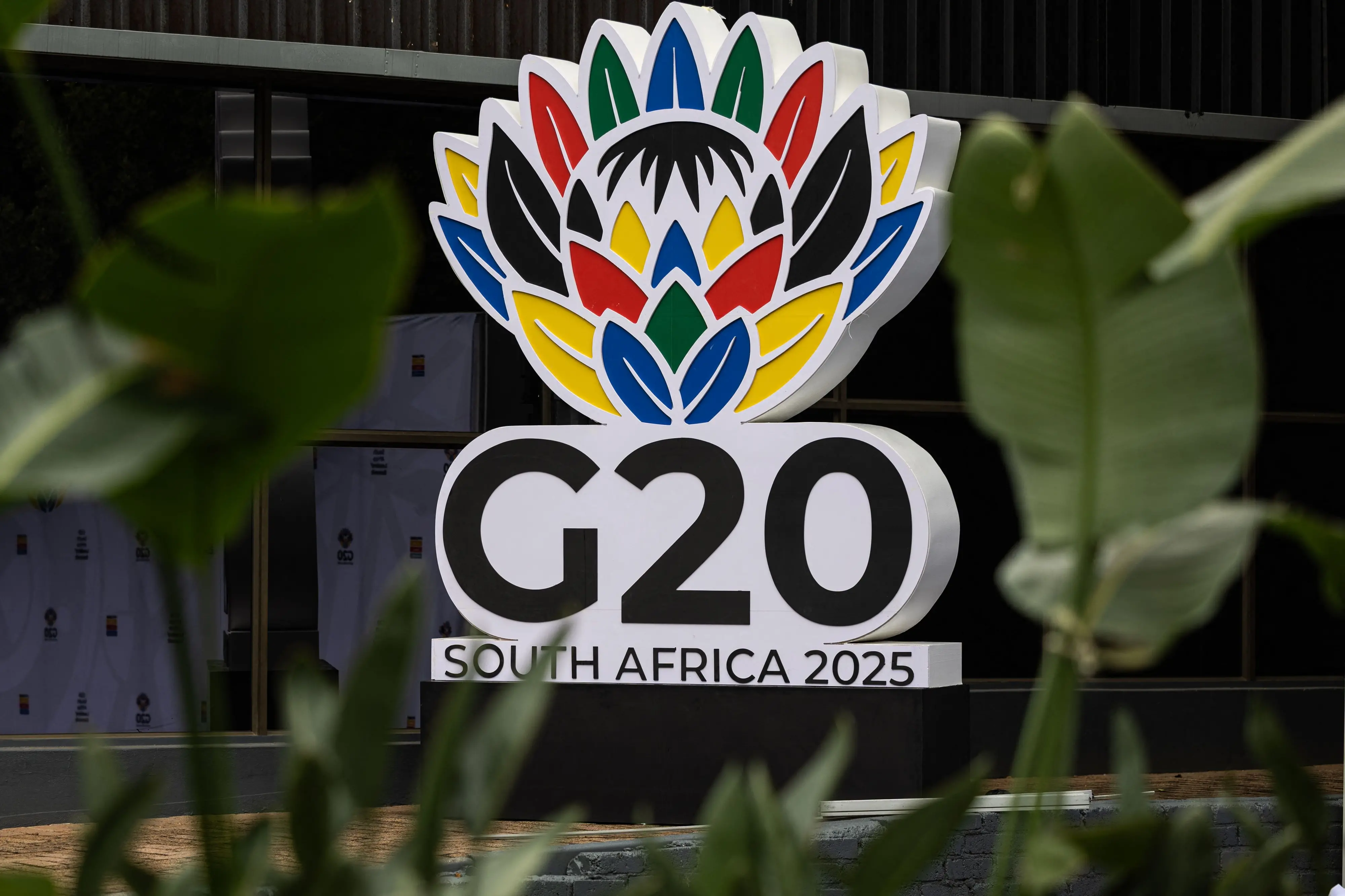 A general view of the G20 South Africa 2025 logo ahead of the G20 leader's summit at the Nasrec Expo Centre in Johannesburg | Photo: AFP