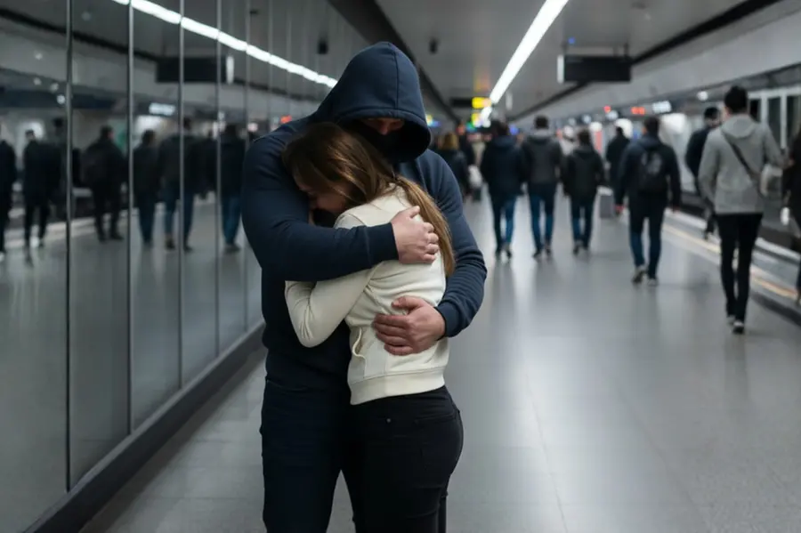 An image illustrating the Man Mum trend with two people hugging in a public place